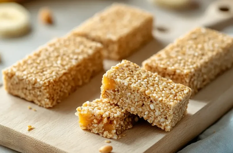 Barres de millet maison pour bébé, parfaites pour le DME. Collation saine avec des morceaux d'abricots et une texture moelleuse, présentées sur une planche en bois.