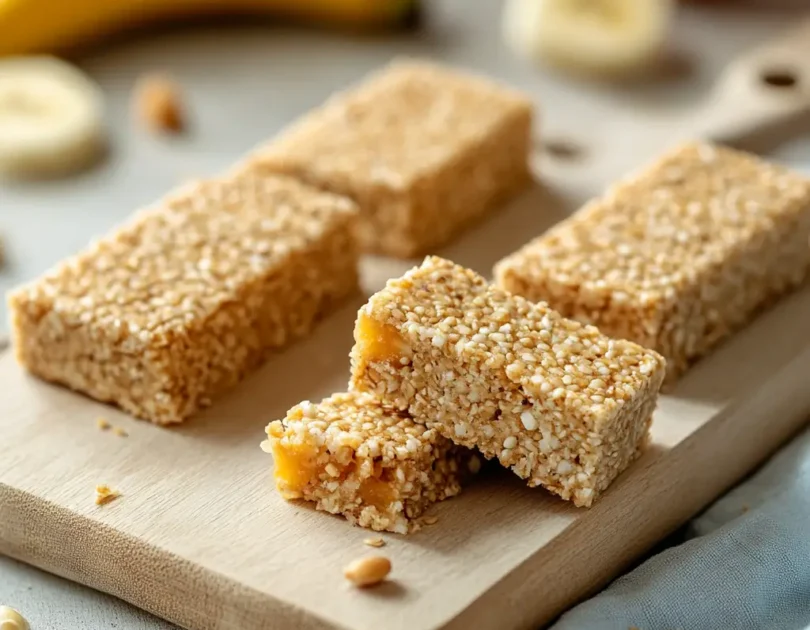 Barres de millet maison pour bébé, parfaites pour le DME. Collation saine avec des morceaux d'abricots et une texture moelleuse, présentées sur une planche en bois.