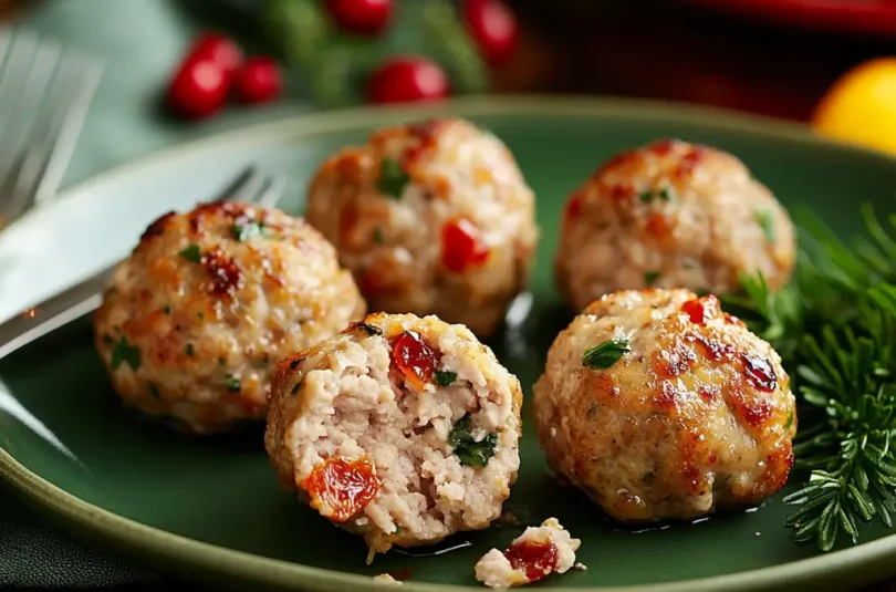 Boulettes de dinde aux fruits secs pour bébé sur une assiette verte, avec une texture moelleuse et des morceaux de fruits secs visibles.