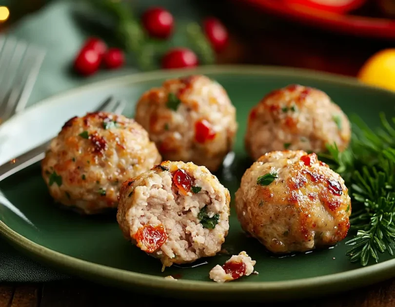 Boulettes de dinde aux fruits secs pour bébé sur une assiette verte, avec une texture moelleuse et des morceaux de fruits secs visibles.