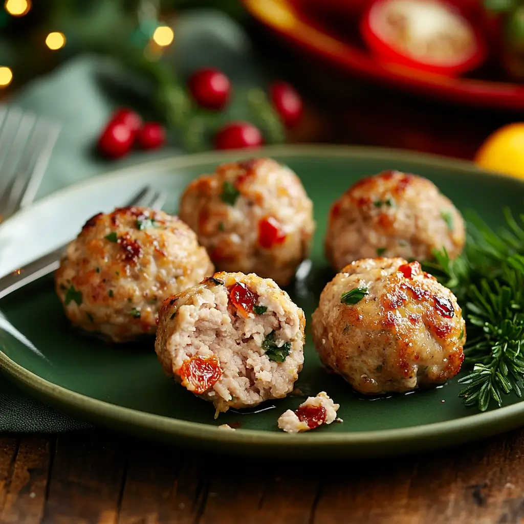 Boulettes de dinde aux fruits secs pour bébé sur une assiette verte, avec une texture moelleuse et des morceaux de fruits secs visibles.