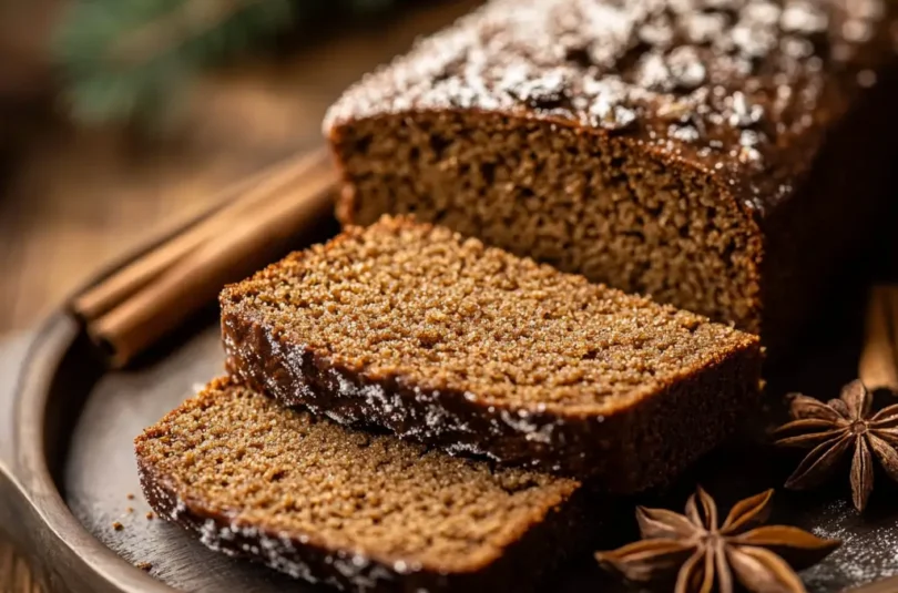 Pain d'épices moelleux pour bébé, tranché et présenté sur une assiette. Parfait pour les fêtes, sans sucres ajoutés et adapté aux tout-petits dès 12 mois.