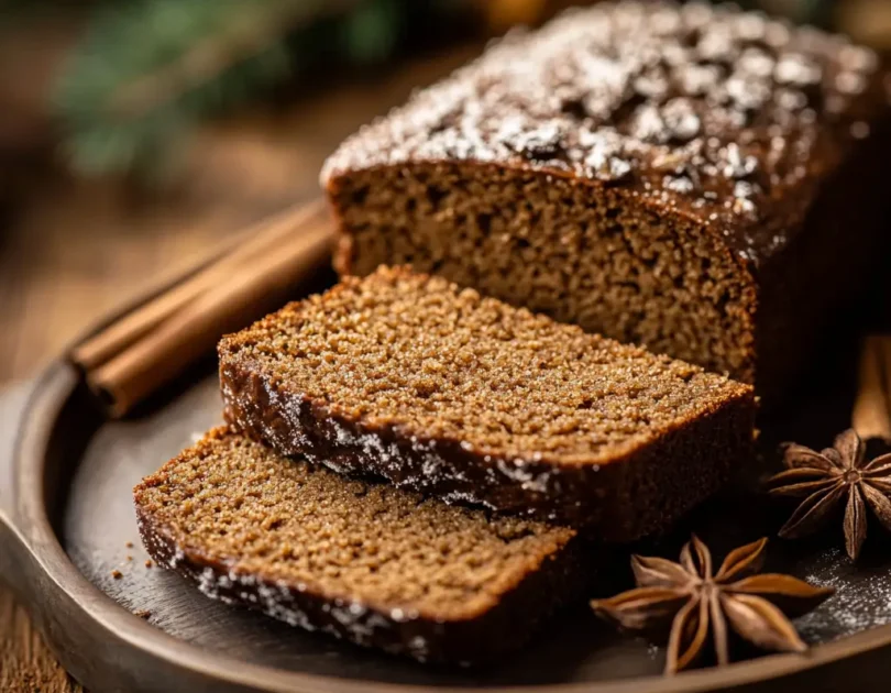 Pain d'épices moelleux pour bébé, tranché et présenté sur une assiette. Parfait pour les fêtes, sans sucres ajoutés et adapté aux tout-petits dès 12 mois.