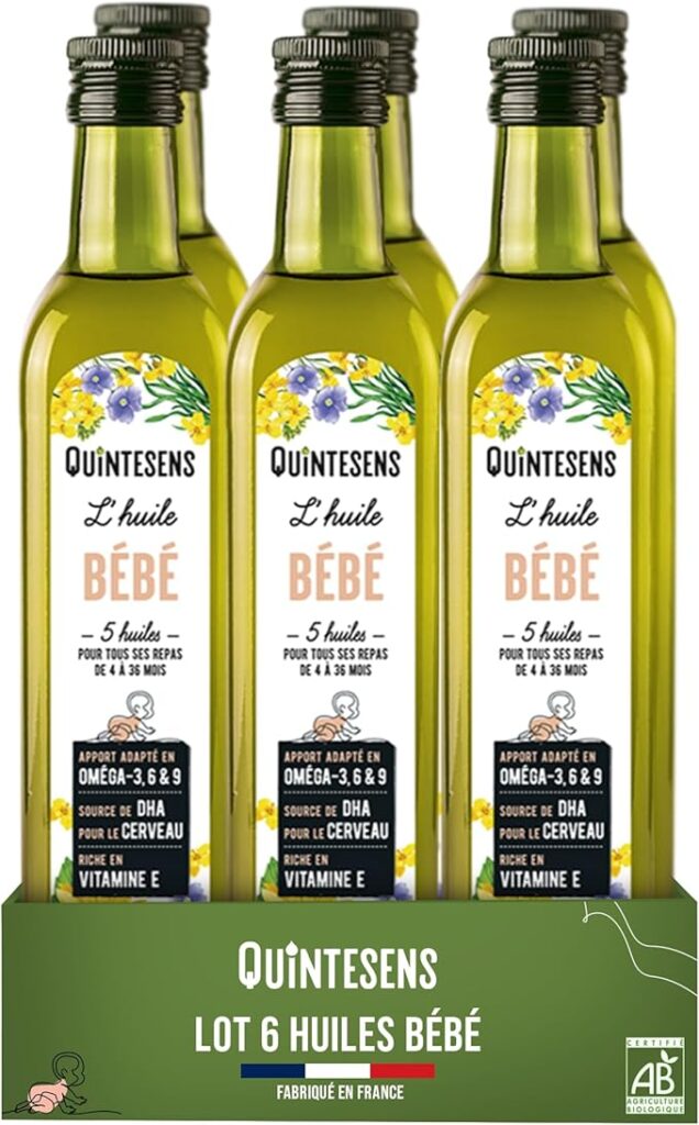 Lot 6 Huiles Bébé QUINTESENS 250 ml - Apports en DHA, Oméga 3, 6 & 9 et Vitamine E pour un Développement Solide pour la Vie - Production 100% Française & Biologique