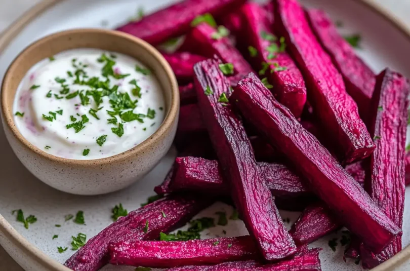 Frites de betterave rôties au four avec une sauce au yaourt crémeuse, parsemées de persil frais, présentées dans une assiette adaptée pour bébé dès 12 mois.