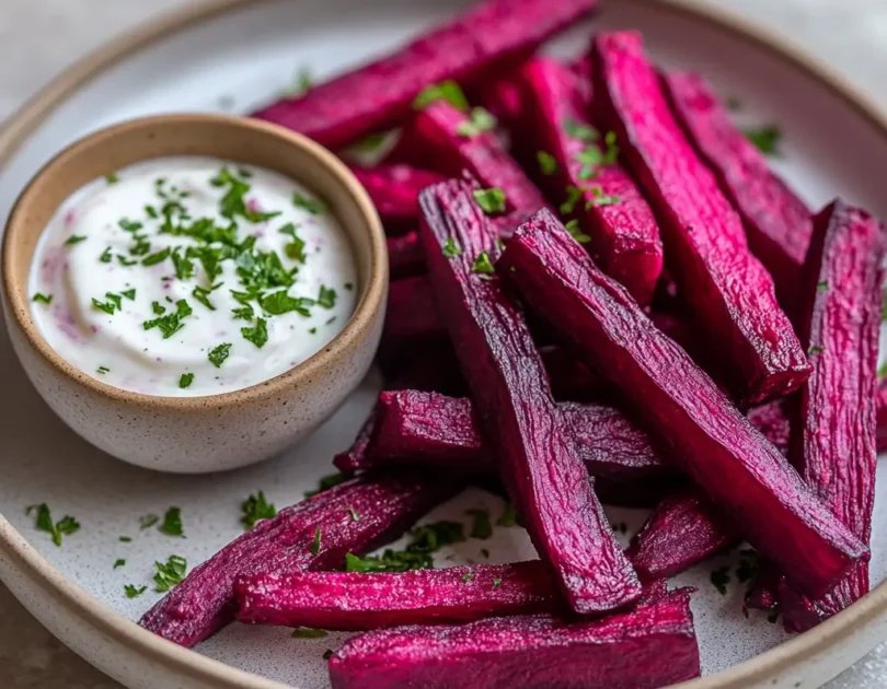 Frites de betterave rôties au four avec une sauce au yaourt crémeuse, parsemées de persil frais, présentées dans une assiette adaptée pour bébé dès 12 mois.