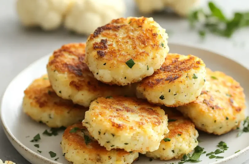 Galettes de chou-fleur et pomme de terre dorées et moelleuses, présentées sur une assiette blanche avec du persil, pour une recette adaptée aux bébés dès 9 mois.