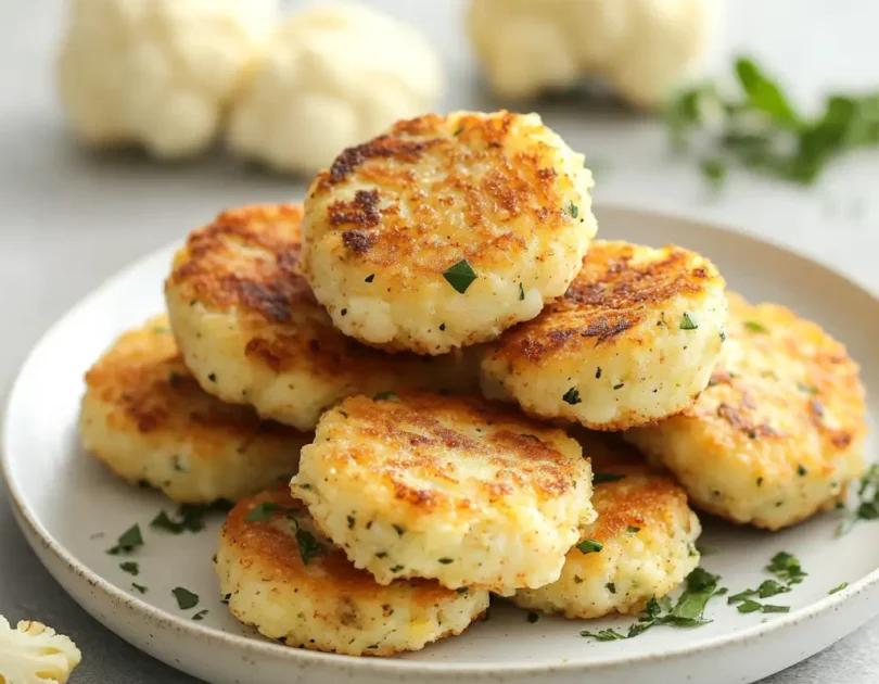 Galettes de chou-fleur et pomme de terre dorées et moelleuses, présentées sur une assiette blanche avec du persil, pour une recette adaptée aux bébés dès 9 mois.