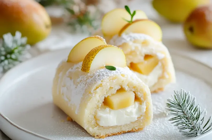 Mini-bûche pour bébé à la poire et au yaourt nature, décorée avec des tranches de poire fraîche, sur une assiette blanche avec un décor festif.