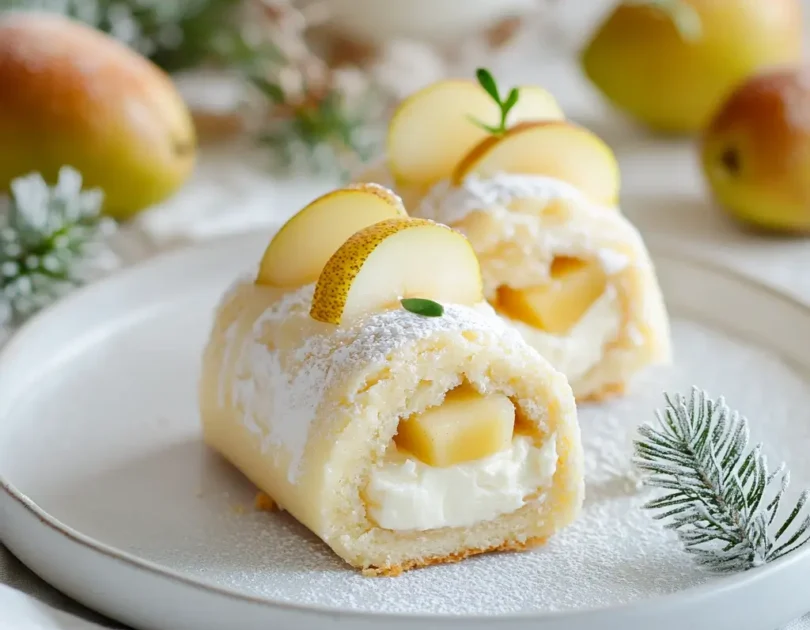 Mini-bûche pour bébé à la poire et au yaourt nature, décorée avec des tranches de poire fraîche, sur une assiette blanche avec un décor festif.