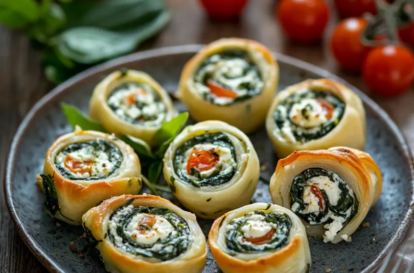 Mini roulés épinards, ricotta et tomates cerises pour bébé, présentés sur une assiette avec une texture fondante et adaptée à la diversification alimentaire menée par l’enfant (DME).