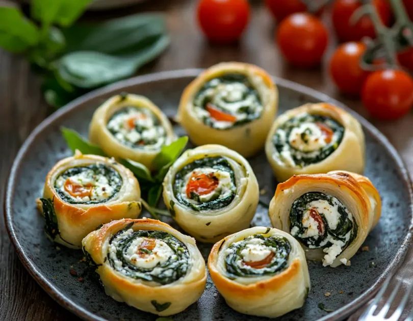 Mini roulés épinards, ricotta et tomates cerises pour bébé, présentés sur une assiette avec une texture fondante et adaptée à la diversification alimentaire menée par l’enfant (DME).