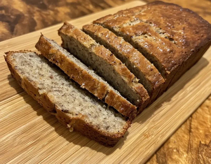 Banana bread moelleux pour bébé en DME, sans sucre ajouté, tranché et présenté sur une planche en bois. Recette saine et facile pour la diversification alimentaire.