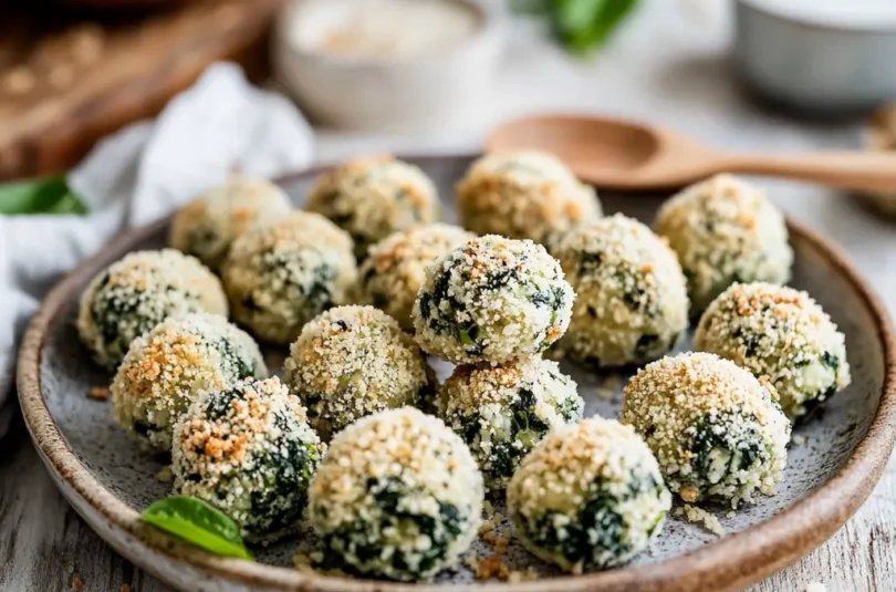 Boulettes d'épinards maison pour bébé, croustillantes et dorées, servies sur une assiette rustique.