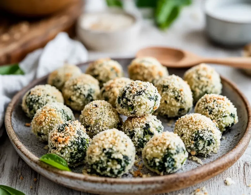 Boulettes d'épinards maison pour bébé, croustillantes et dorées, servies sur une assiette rustique.