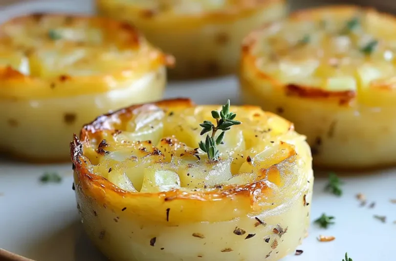 Mini flans aux poireaux et pommes de terre dorés au four, garnis de thym, présentés sur une assiette.