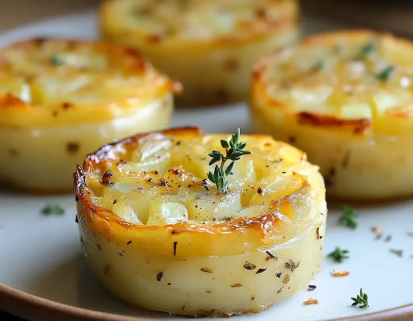 Mini flans aux poireaux et pommes de terre dorés au four, garnis de thym, présentés sur une assiette.
