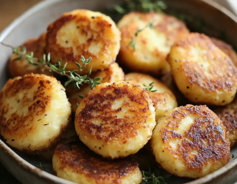 Mini galettes de navet dorées et moelleuses, servies sur une assiette rustique avec du thym frais, parfaites pour bébé dès 8 mois.