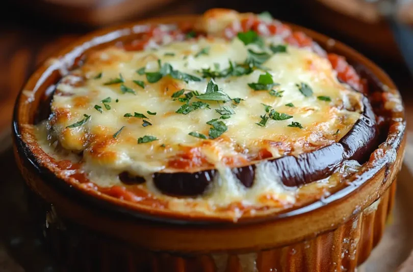 Parmigiana d'aubergines pour bébé en portion individuelle, recette DME dès 9 mois. Gratin d'aubergines à la sauce tomate et mozzarella, texture fondante adaptée aux tout-petits.