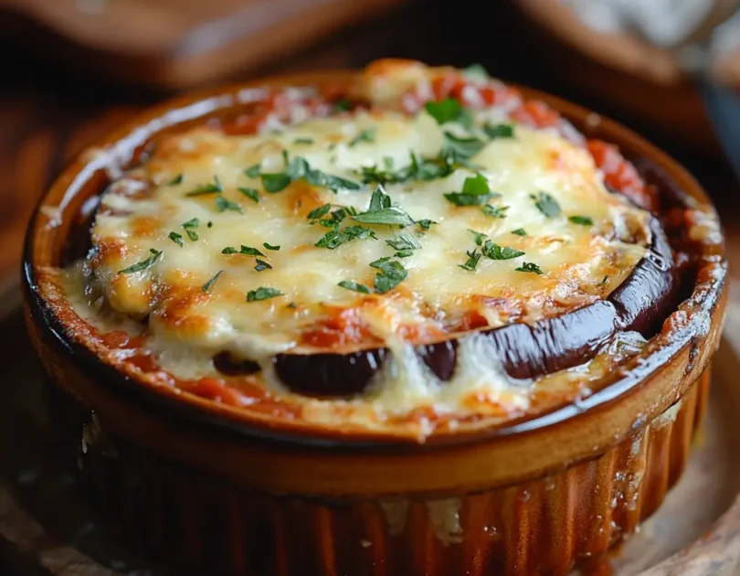 Parmigiana d'aubergines pour bébé en portion individuelle, recette DME dès 9 mois. Gratin d'aubergines à la sauce tomate et mozzarella, texture fondante adaptée aux tout-petits.