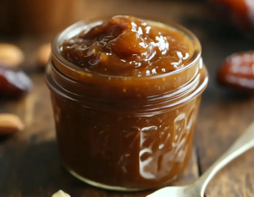 Tartinade maison aux dattes et amandes pour bébé, présentée dans un pot en verre avec une texture lisse et onctueuse. Recette naturelle sans sucre ajouté, idéale dès 12 mois.
