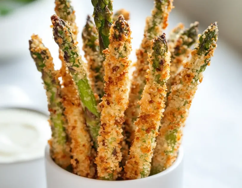 Bâtonnets d'asperges panés au parmesan servis dans un petit pot blanc, texture adaptée pour bébés à partir de 18 mois