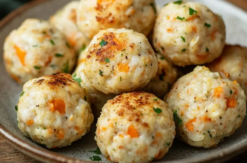 Boulettes de poisson pour bébé dorées et parsemées de persil sur une assiette grise