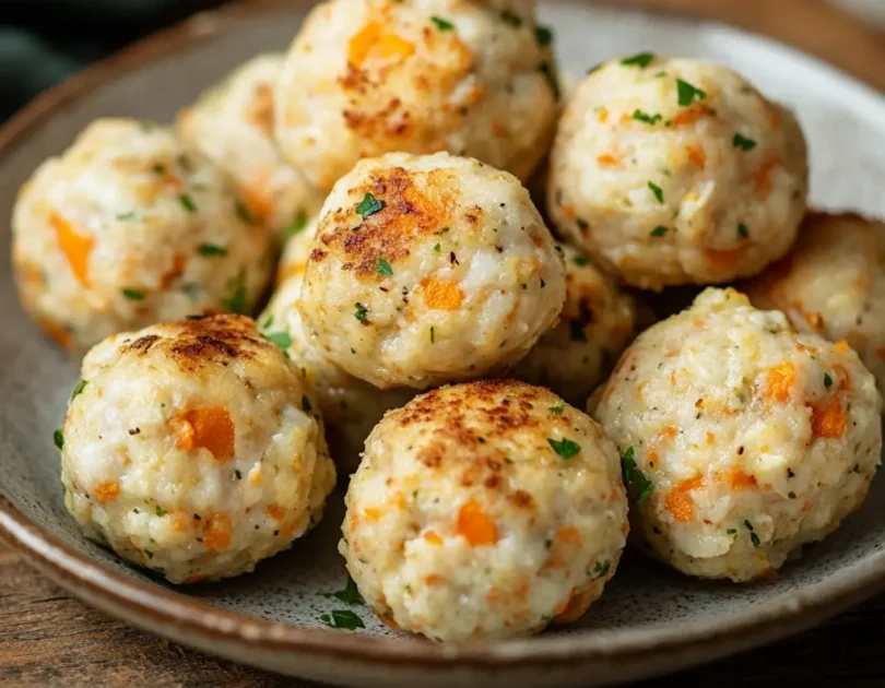 Boulettes de poisson pour bébé dorées et parsemées de persil sur une assiette grise