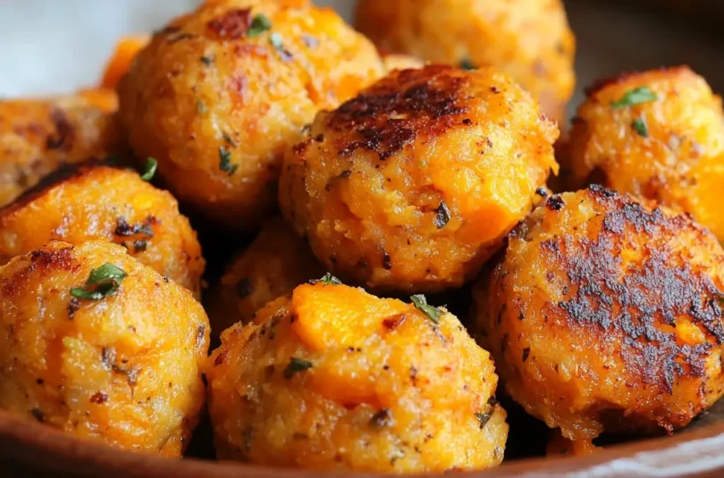 Boulettes de poisson et patate douce pour bébé, dorées et moelleuses, servies dans une assiette rustique. Recette DME dès 8 mois.