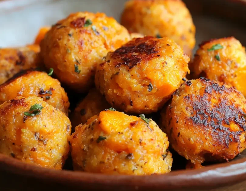 Boulettes de poisson et patate douce pour bébé, dorées et moelleuses, servies dans une assiette rustique. Recette DME dès 8 mois.