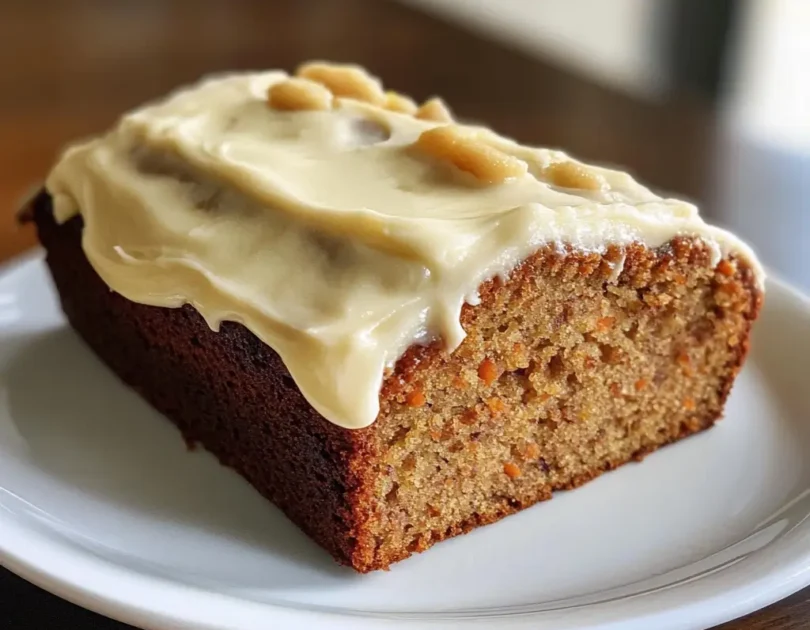 Carrot cake fait maison pour bébé avec glaçage léger au fromage frais, texture moelleuse et morceaux de carottes visibles, parfait pour premier gâteau