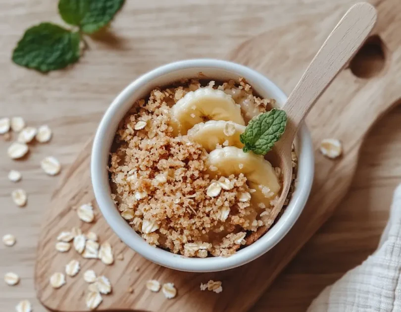 Crumble à la banane pour bébé dans un ramequin blanc, décoré de tranches de banane fraîches et d'une feuille de menthe, servi sur une planche en bois