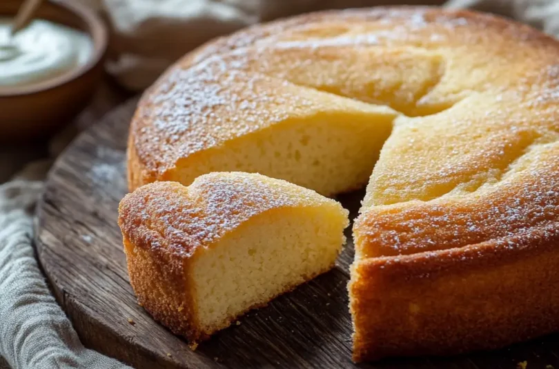 Gâteau moelleux au yaourt pour bébé dès 8 mois, doré et moelleux, présenté sur une planche en bois avec un bol de yaourt en arrière-plan.