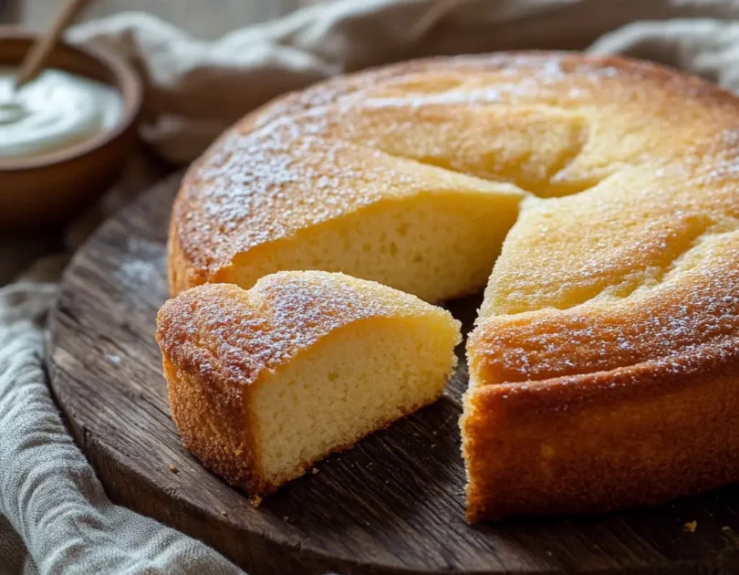 Gâteau moelleux au yaourt pour bébé dès 8 mois, doré et moelleux, présenté sur une planche en bois avec un bol de yaourt en arrière-plan.