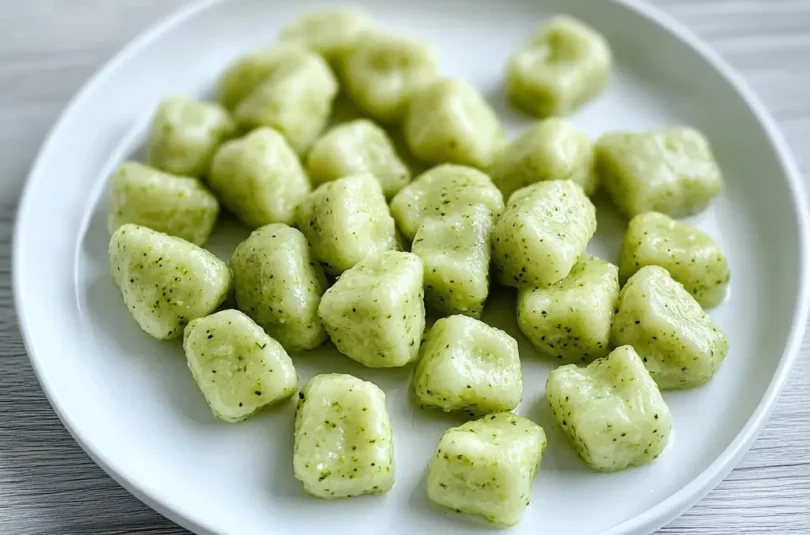 Gnocchis de brocolis en petits cubes vert pâle disposés sur une assiette blanche, texture moelleuse et lisse