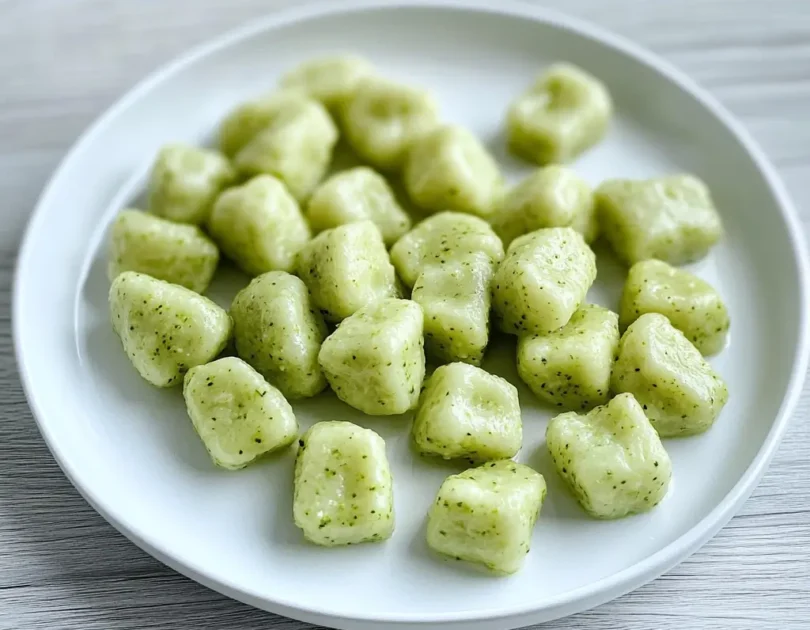 Gnocchis de brocolis en petits cubes vert pâle disposés sur une assiette blanche, texture moelleuse et lisse