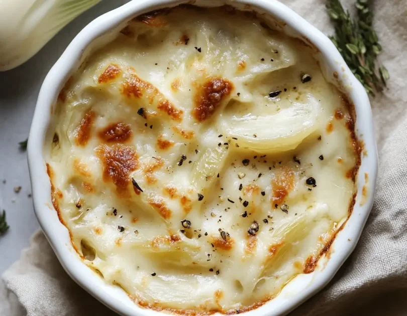 Gratin d’endives au fromage dans un plat blanc, doré et fondant, prêt à être dégusté.