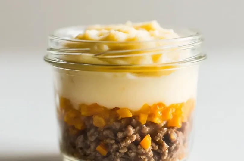 Hachis parmentier pour bébé en petit pot en verre, purée crémeuse sur viande hachée aux légumes, portion individuelle fait maison