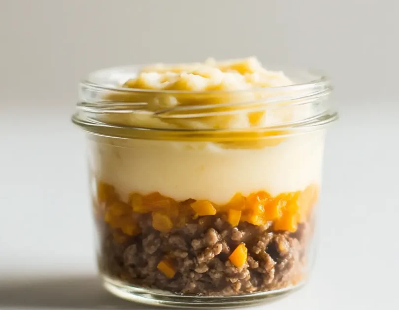 Hachis parmentier pour bébé en petit pot en verre, purée crémeuse sur viande hachée aux légumes, portion individuelle fait maison