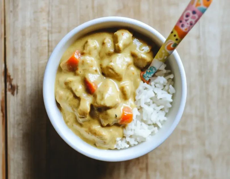 Korma de poulet pour bébé avec riz émietté : sauce crémeuse claire, petits morceaux tendres et légumes, texture parfaite pour l'apprentissage