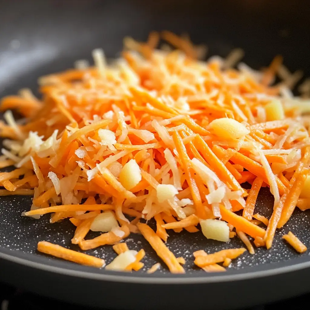 Mélange de carottes et pommes de terre râpées en train de cuire dans une poêle antiadhésive, base parfaite pour une omelette adaptée à bébé dès 6 mois.