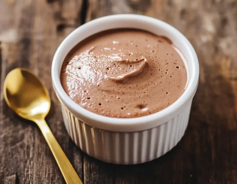 Mousse au chocolat sans œuf pour bébé dès 10 mois dans un ramequin blanc avec cuillère dorée