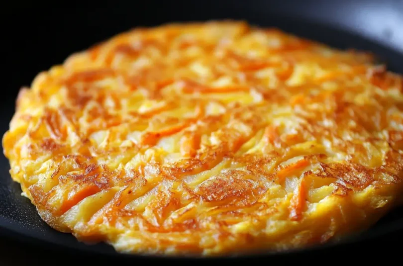 Omelette moelleuse aux pommes de terre et carottes râpées, cuite à la poêle, idéale pour bébé dès 8 mois.