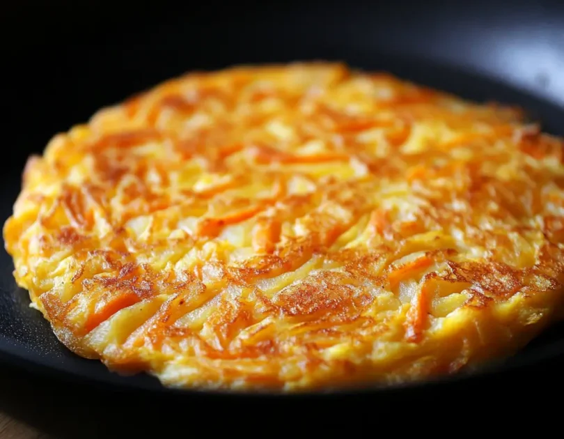 Omelette moelleuse aux pommes de terre et carottes râpées, cuite à la poêle, idéale pour bébé dès 8 mois.