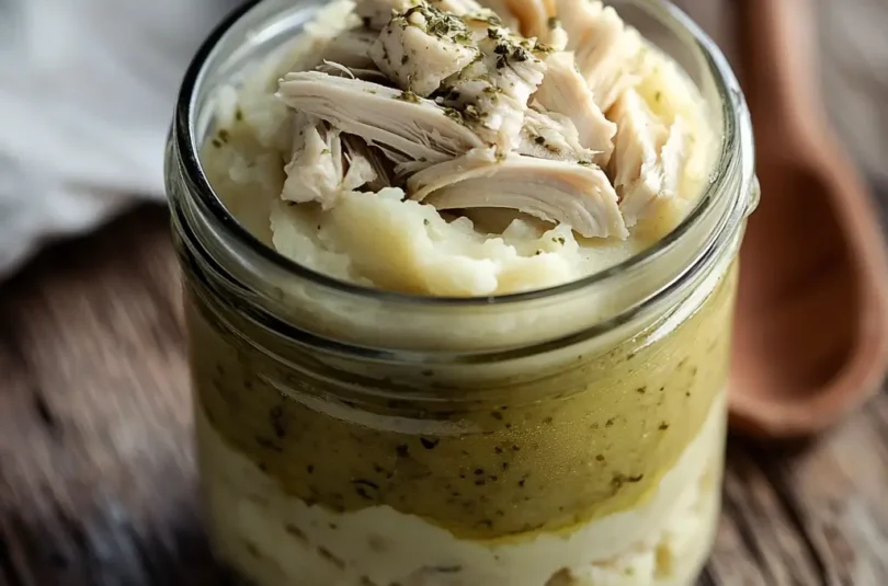 Pot en verre contenant une préparation en couches pour bébé avec purée d'artichaut crémeuse et poulet effiloché sur le dessus, servi sur une surface en bois rustique