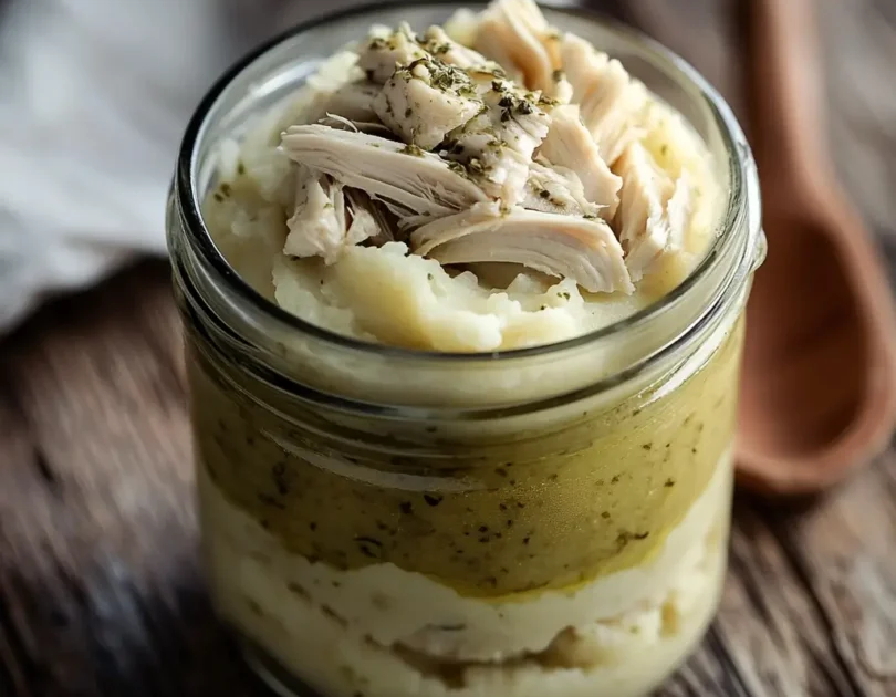Pot en verre contenant une préparation en couches pour bébé avec purée d'artichaut crémeuse et poulet effiloché sur le dessus, servi sur une surface en bois rustique
