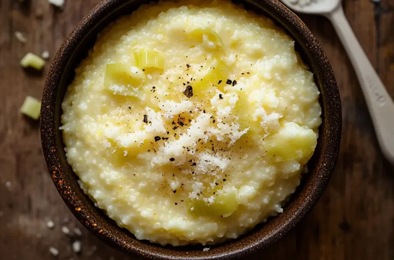 Polenta crémeuse pour bébé aux poireaux fondants et parmesan, texture onctueuse et lisse, petits morceaux de légumes tendres visibles