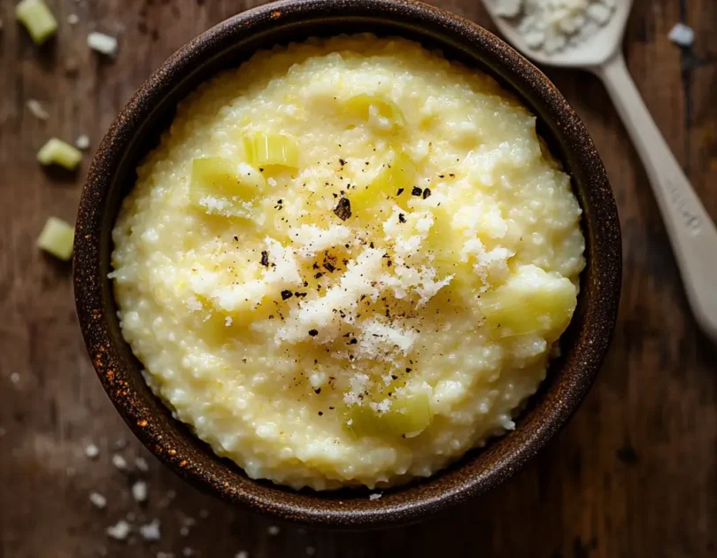 Polenta crémeuse pour bébé aux poireaux fondants et parmesan, texture onctueuse et lisse, petits morceaux de légumes tendres visibles