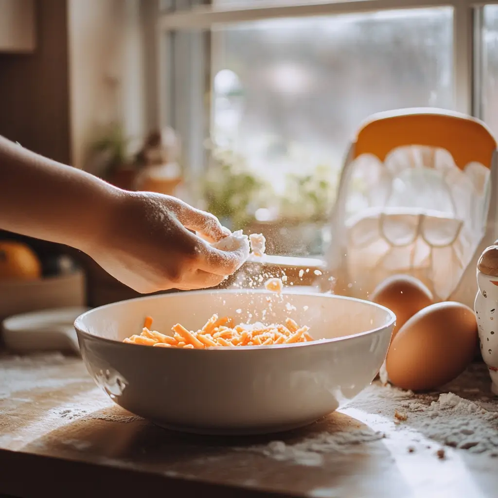 Préparation d'un carrot cake pour bébé sans sucre avec carottes râpées et farine dans un bol, dans une cuisine lumineuse et chaleureuse.