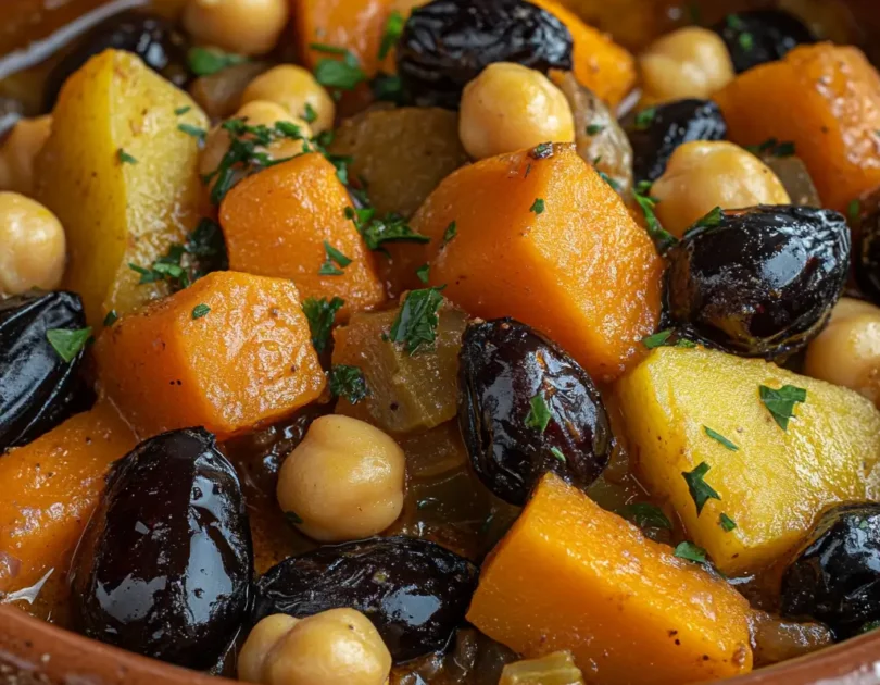 Tajine de légumes aux pruneaux pour bébé dès 10 mois avec morceaux de patate douce, carottes, pois chiches et pruneaux, recette diversification alimentaire
